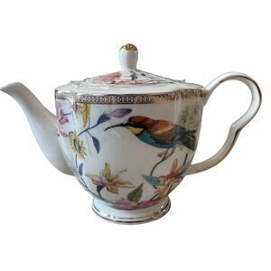 Grace Teaware Fine Porcelain Teapot Very Elegant Floral & Birds 6.5" Tall NEW